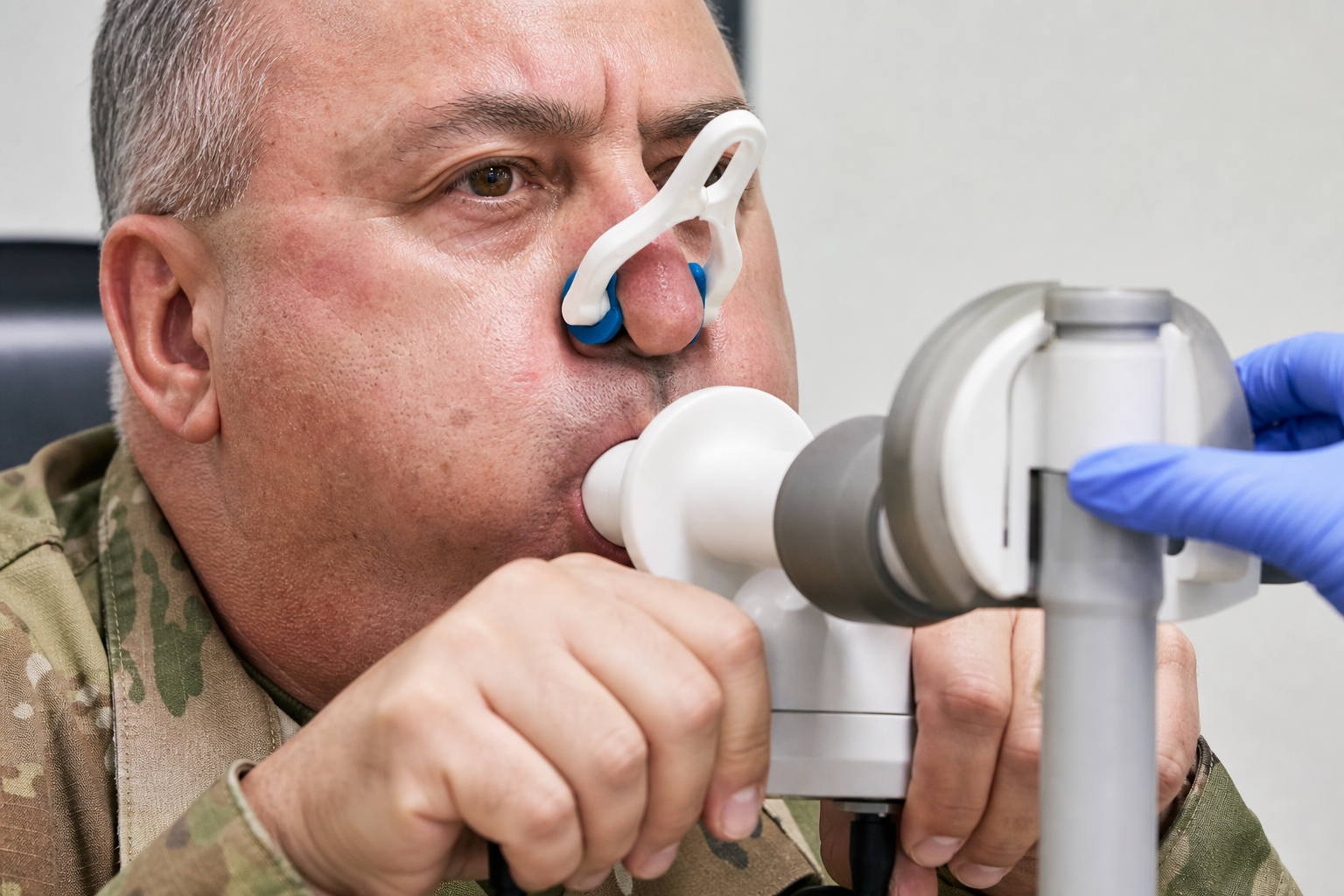 Close-up of a veteran exhaling forcefully into a handheld spirometer mouthpiece during a pulmonary function test, cheeks full with effort