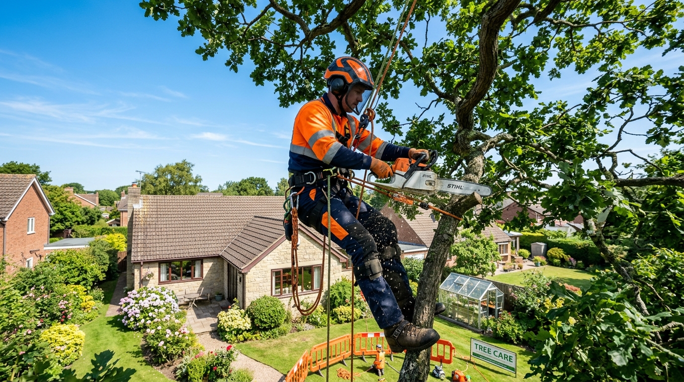 Professional arborist performing tree surgery in safety gear