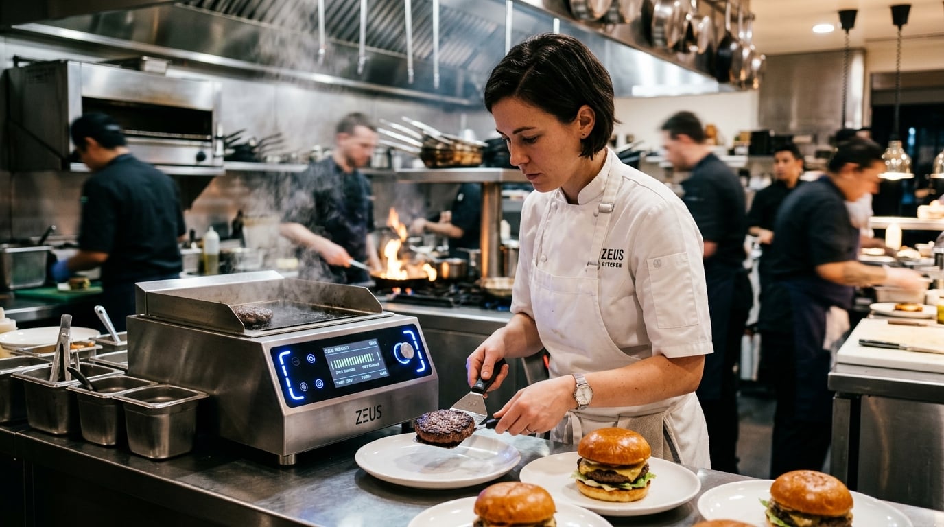 Professional chef in fast-casual restaurant using Zeus Burger cooker during service