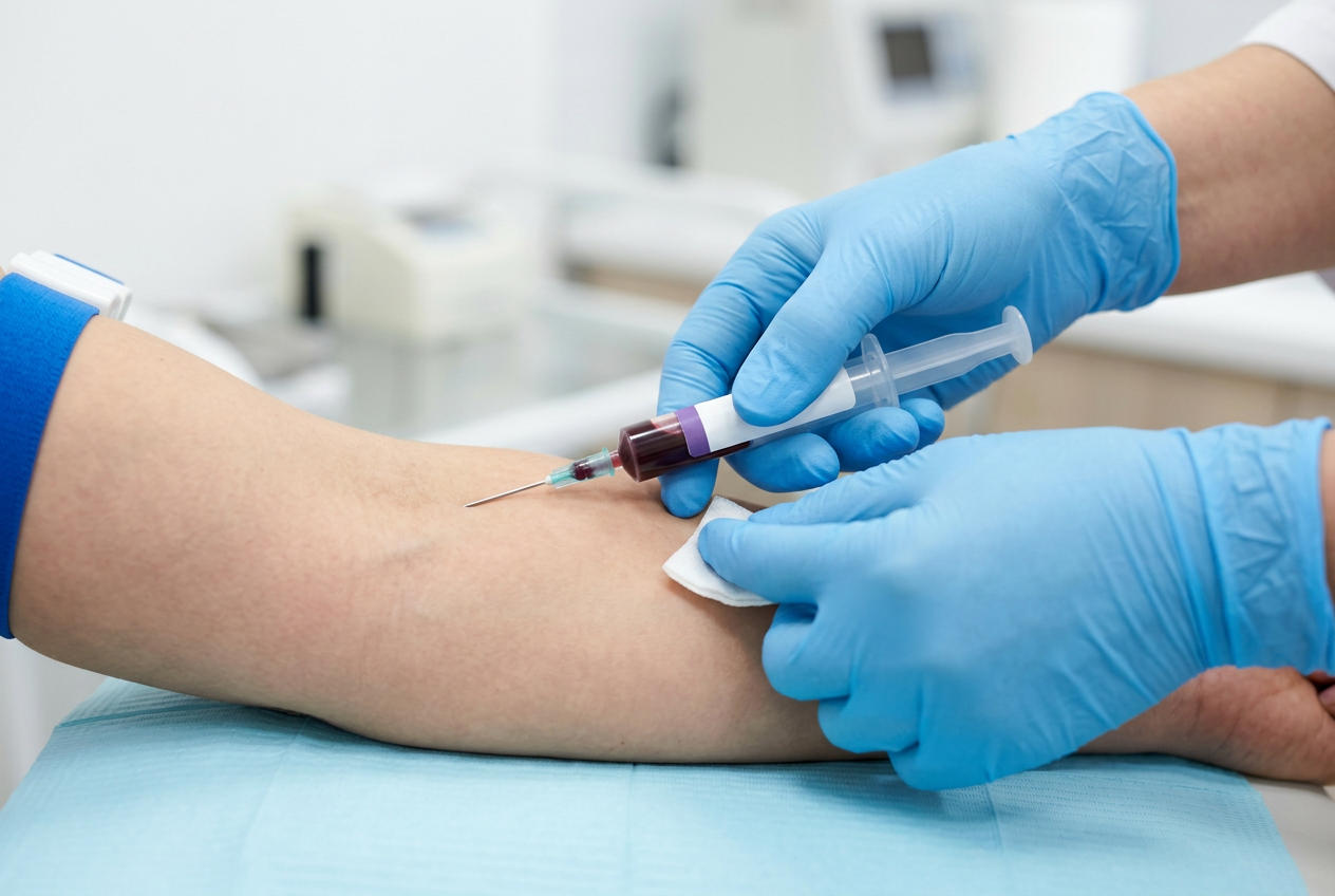 Close-up of clinical gloved hands drawing blood from a patient arm with a syringe and vacuum tube for laboratory testing