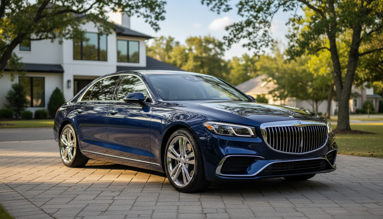 Brand new luxury car in pristine condition parked in residential driveway