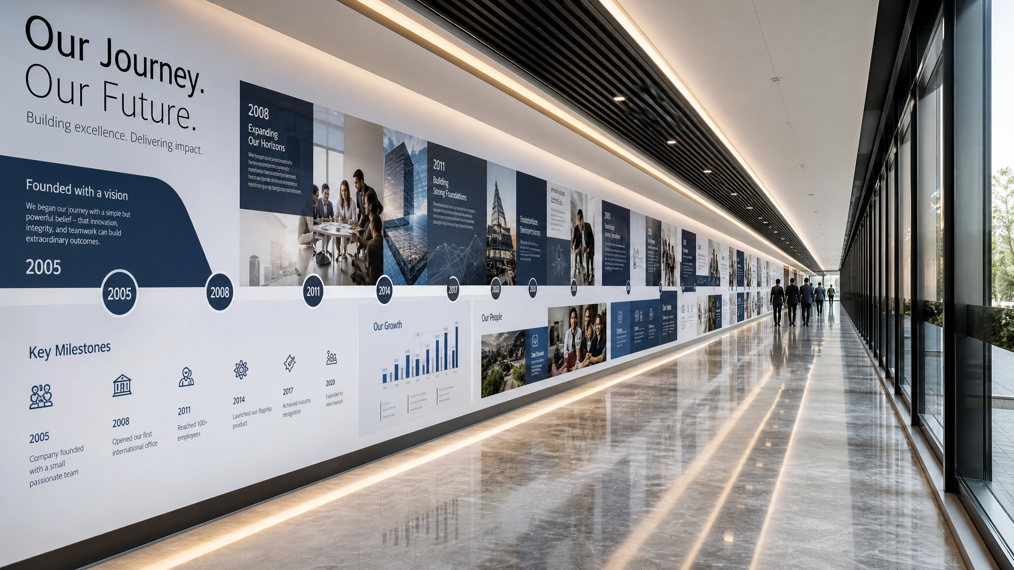 Panoramic infographic wall wrap in a modern office corridor
