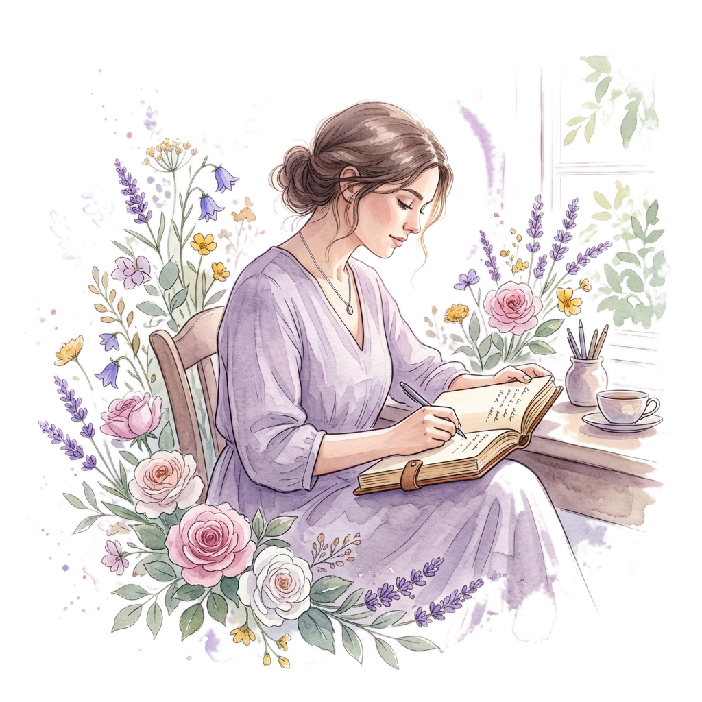 Ilustração aquarela: mulher escrevendo em diário, cercada de flores e lavanda