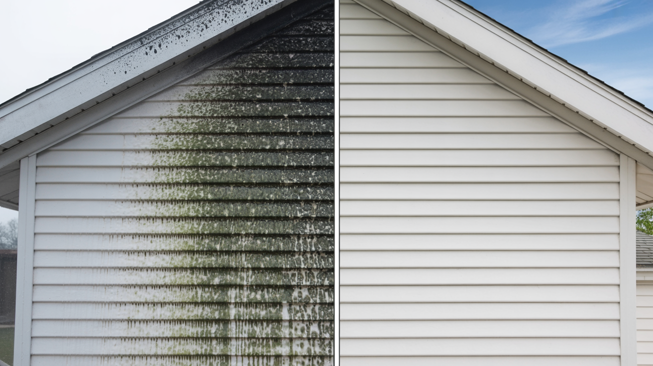 Before and after house siding wash removing algae and mold buildup