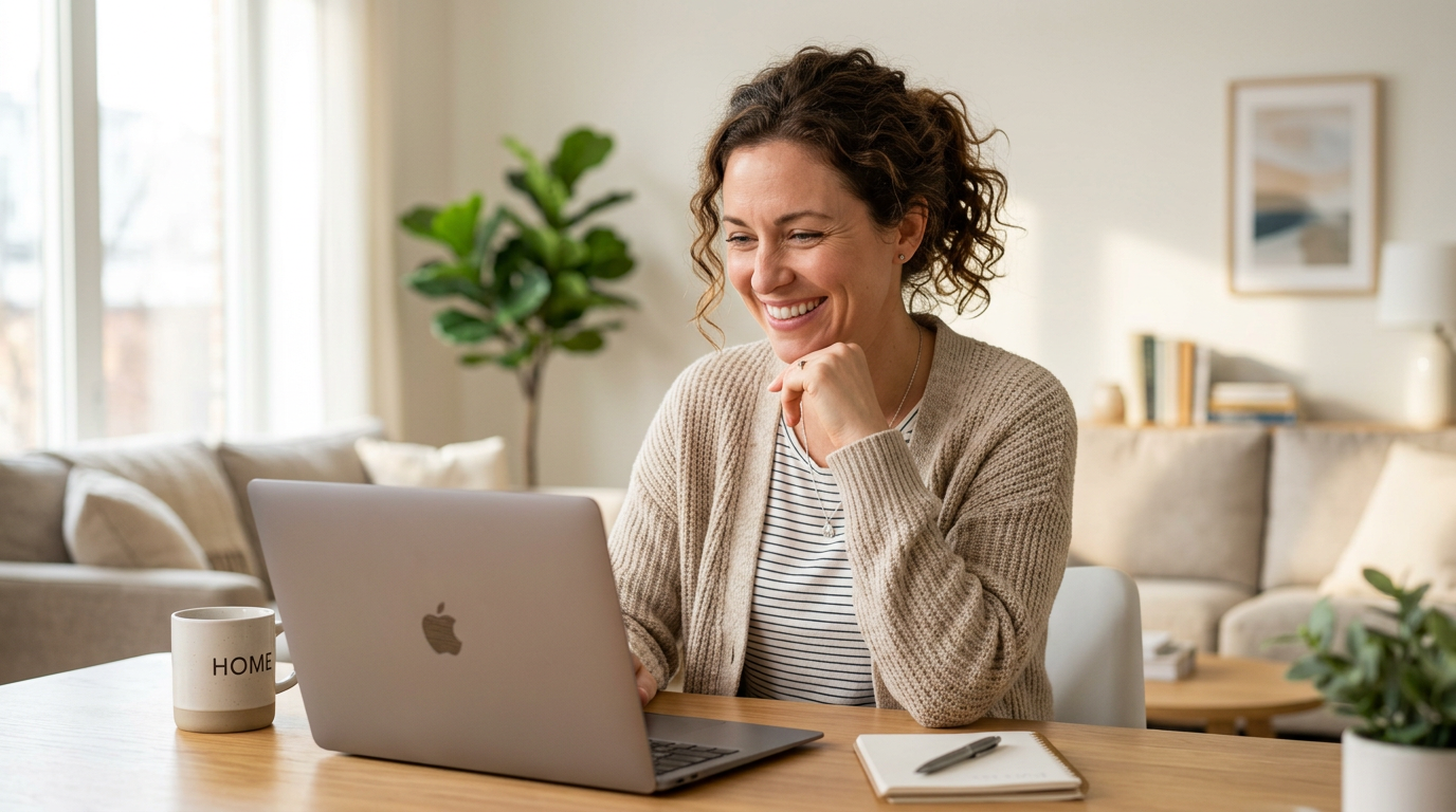 A relieved, hopeful person smiling while checking loan options on a laptop in a bright home