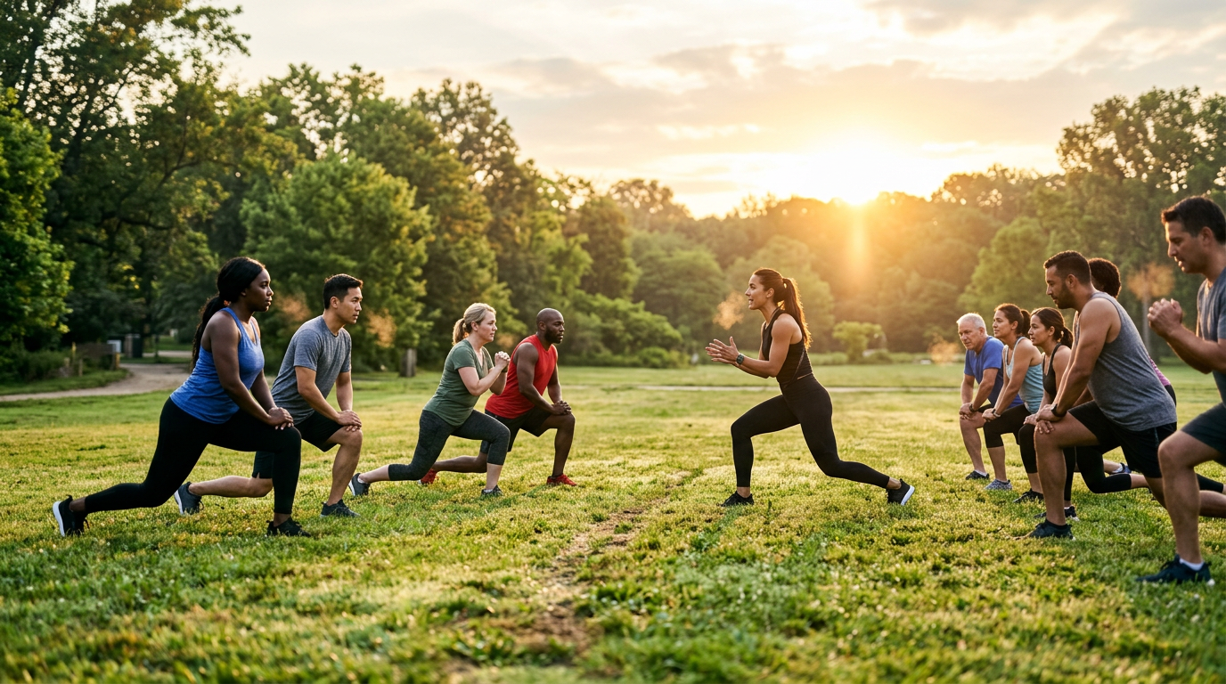 Outdoor summer bootcamp class in a park at sunrise