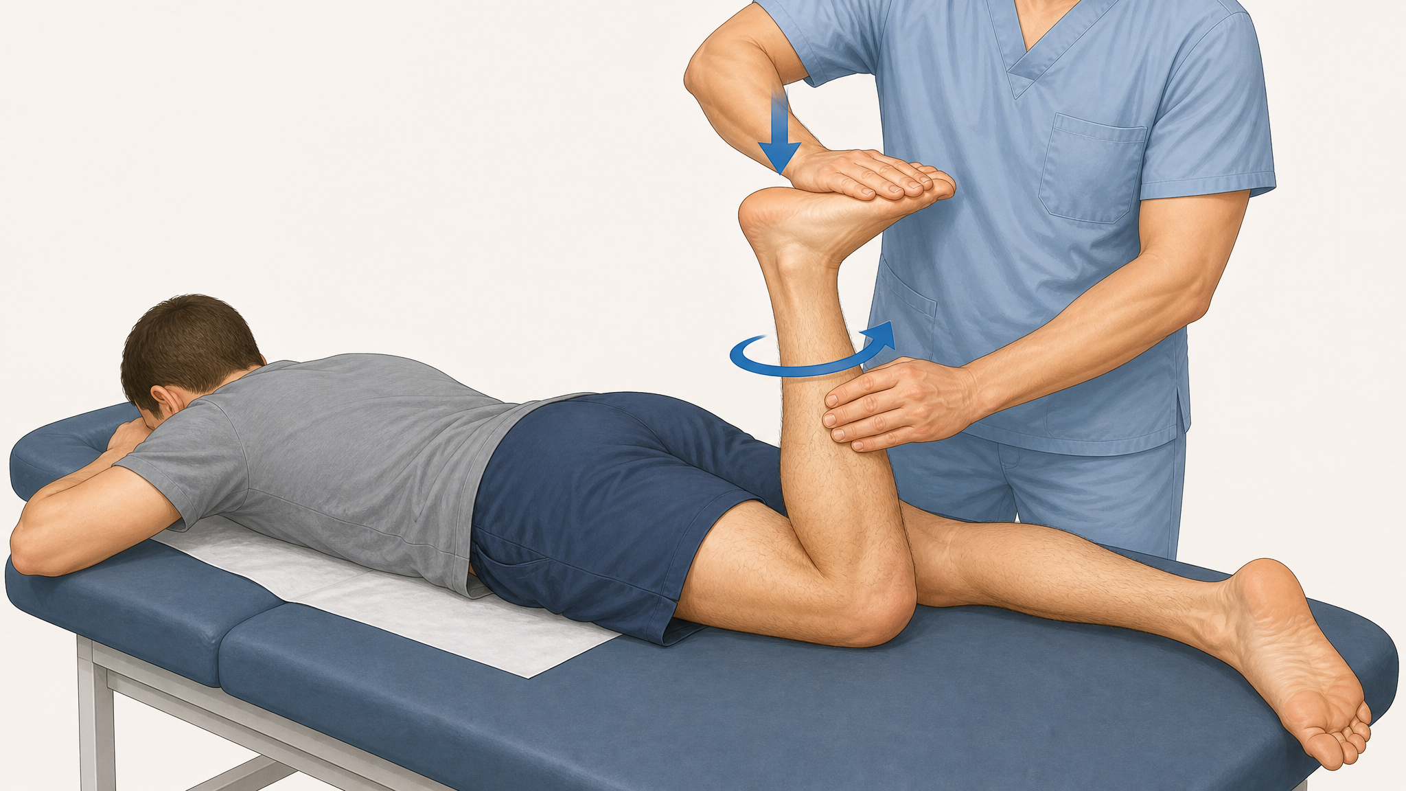 Clinical illustration of the Apley compression test with the patient face-down, knee bent, and examiner pushing down on the heel while rotating