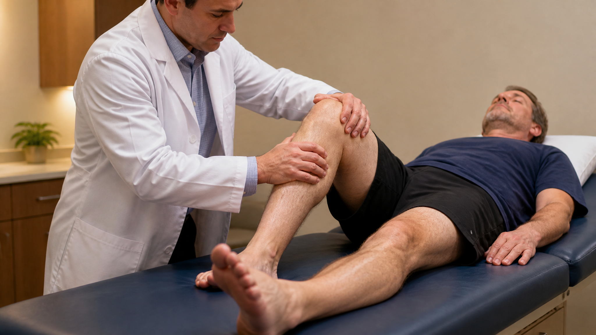 Photograph of an examiner gently attempting to move a supine patient's rigid knee that does not move