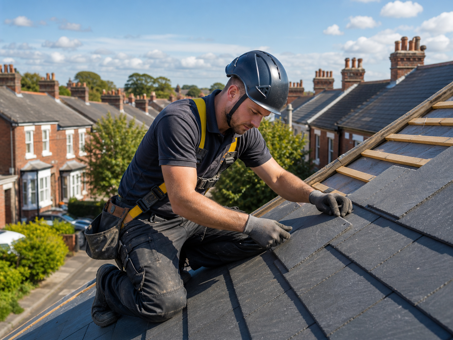 Professional roofer working on a traditional British slate roof
