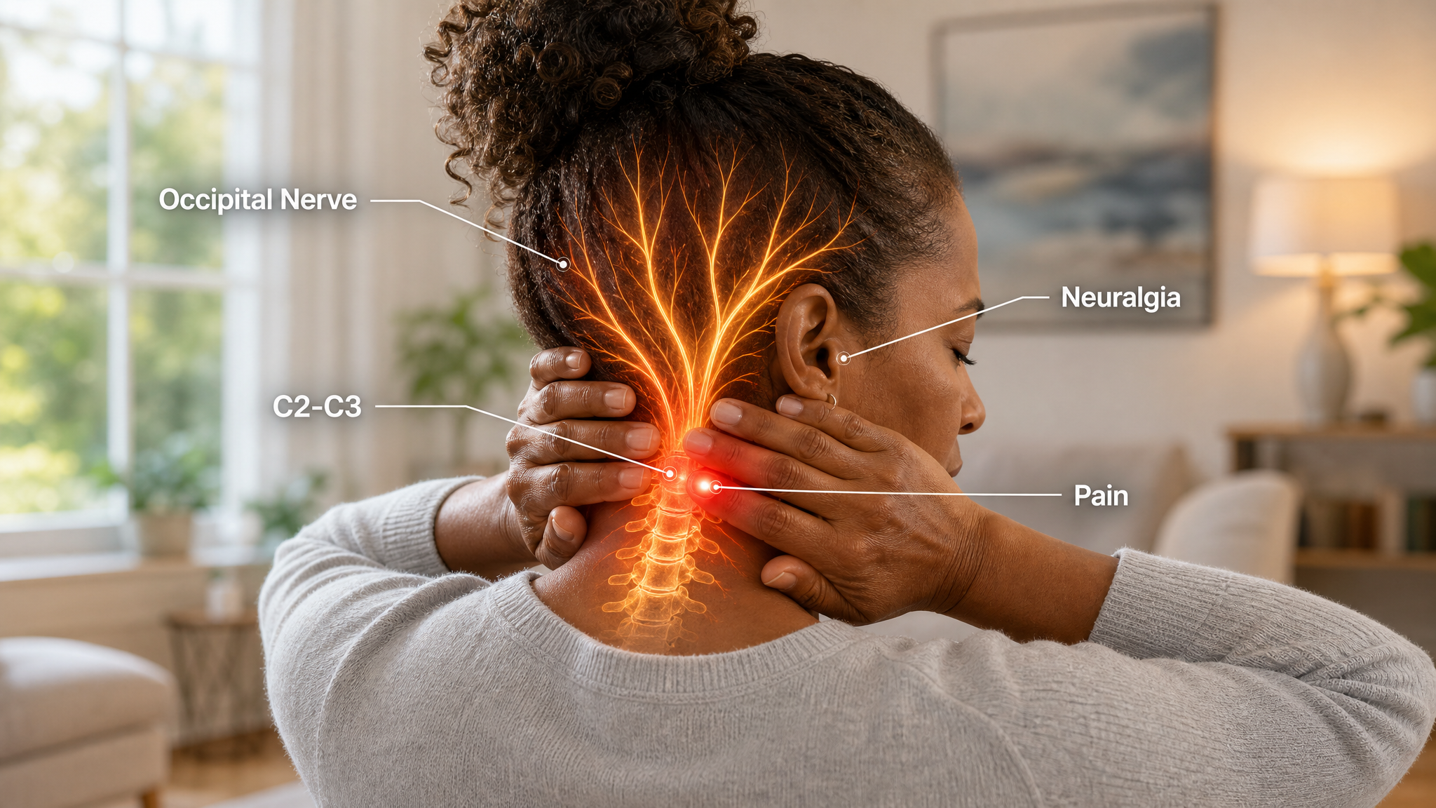 A mature man in a bright room with a hand at the back of his head, the occipital region glowing warm amber with a red hotspot