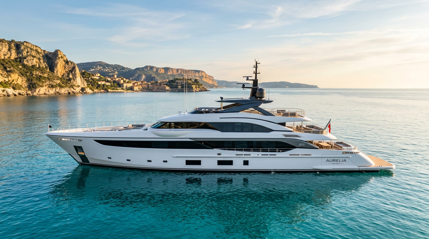 Luxury motor yacht available for sale, moored at golden hour