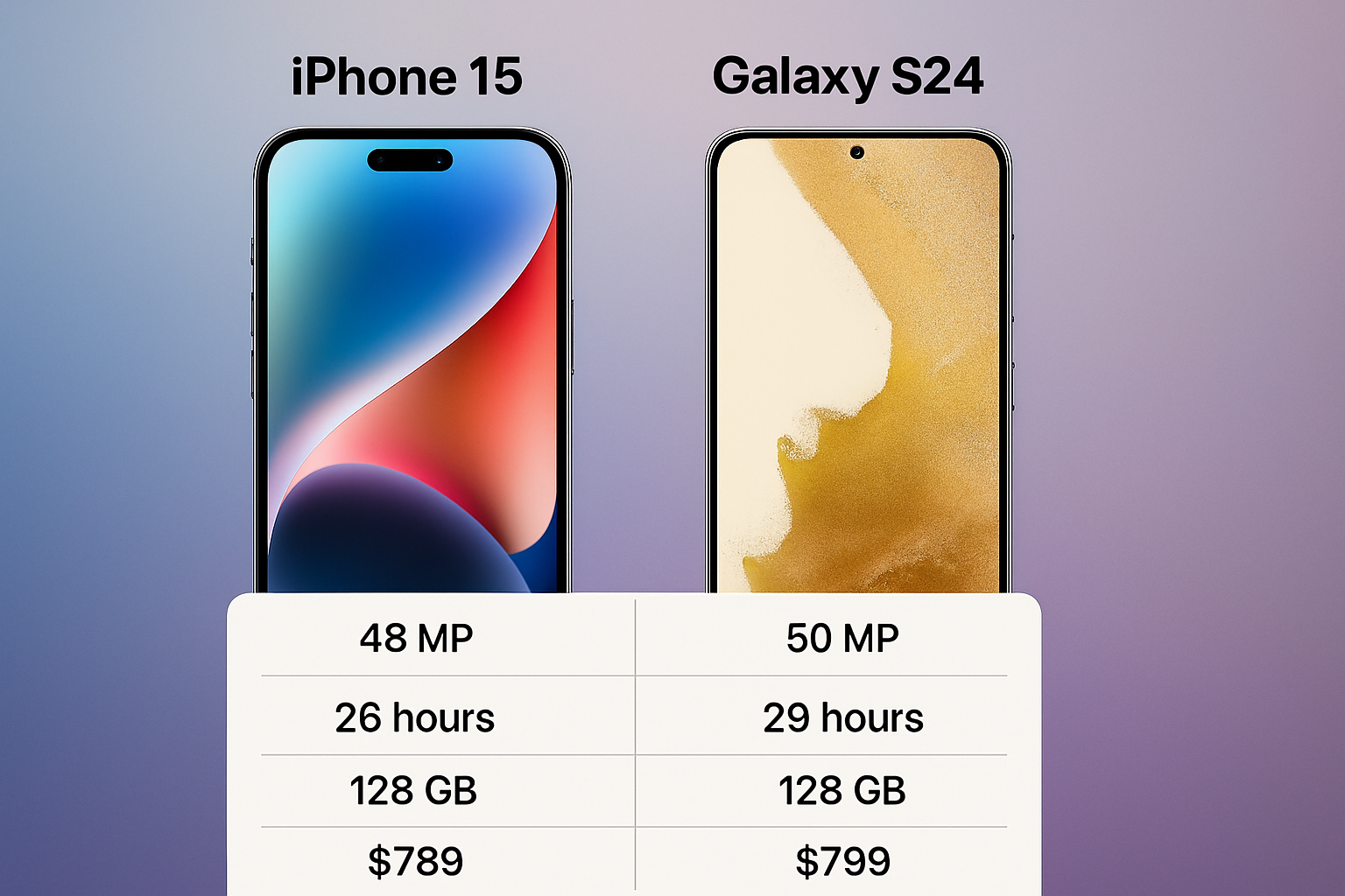 iPhone 15 vs Samsung Galaxy S24 side-by-side comparison with detailed specifications
