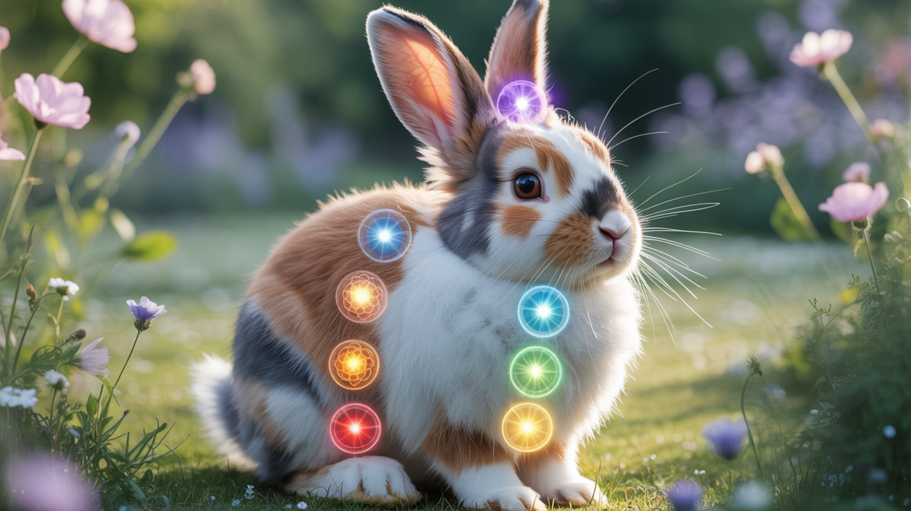 Zec sa vidljivim čakrama duž tela u mirnom okruženju. Čakre kod zečeva energija zec kućni ljubimci čakre energija životinja balans energije zec