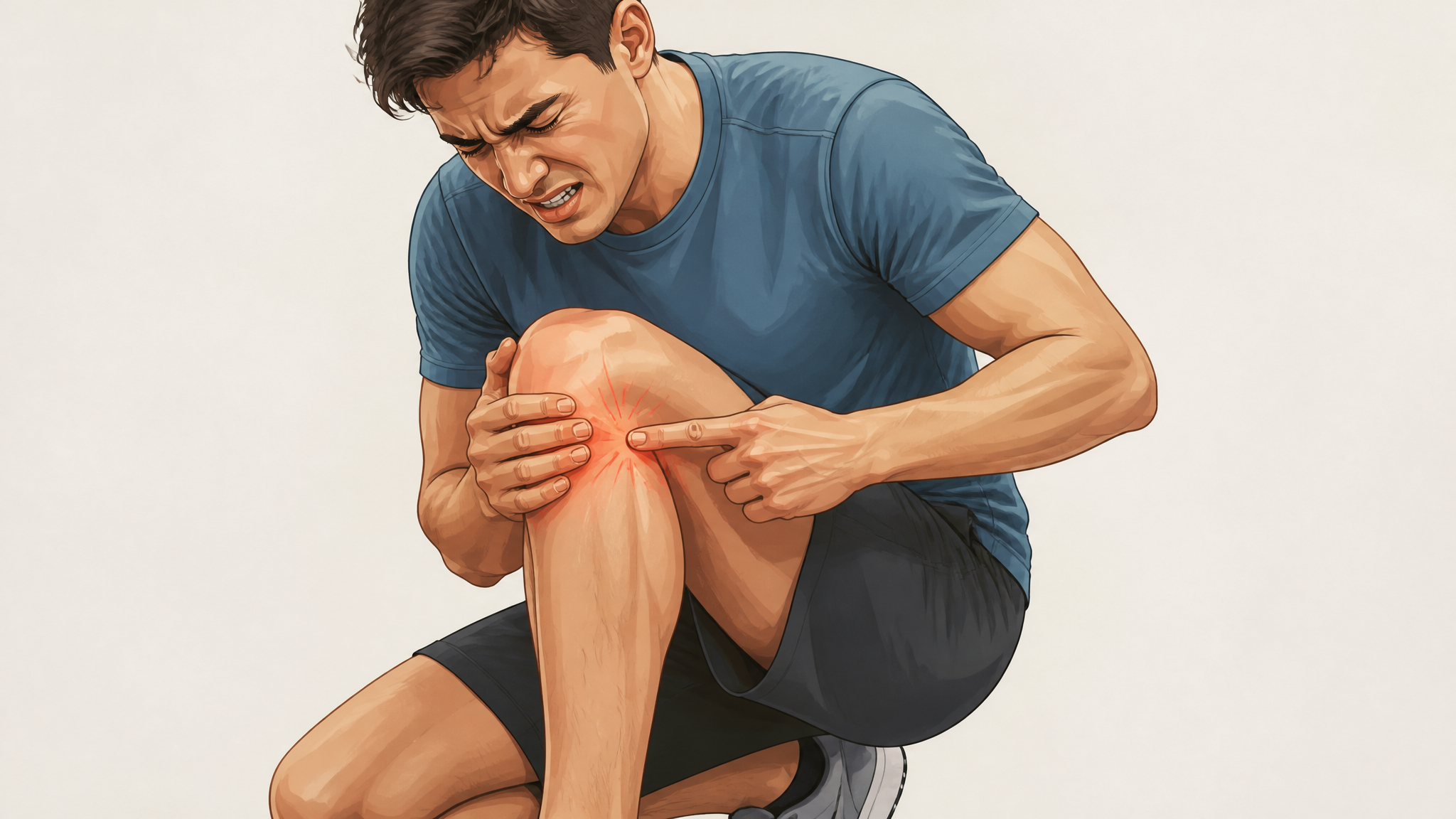 Illustration of a person gripping their knee and pointing with one finger to the exact spot of sharp joint-line pain