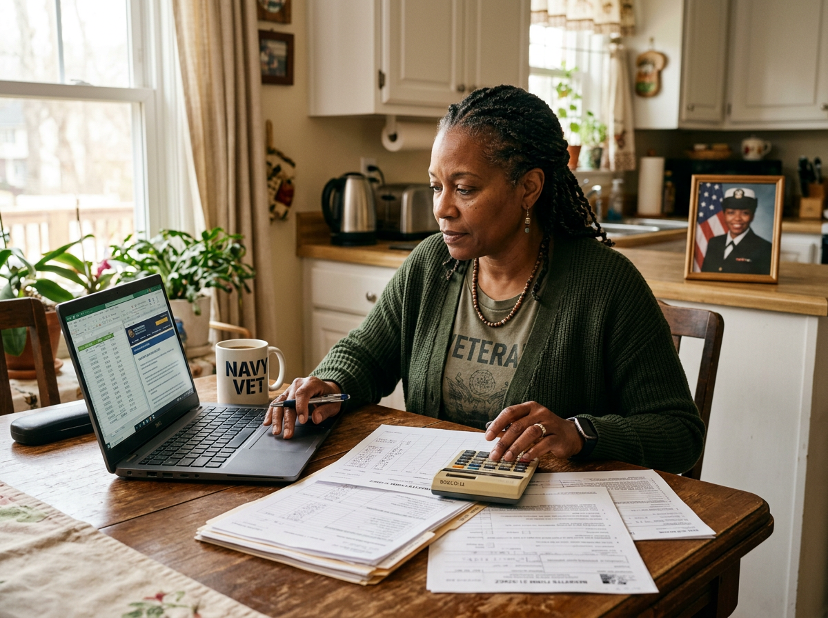 Woman veteran at her kitchen table using a laptop and calculator to review her VA rating