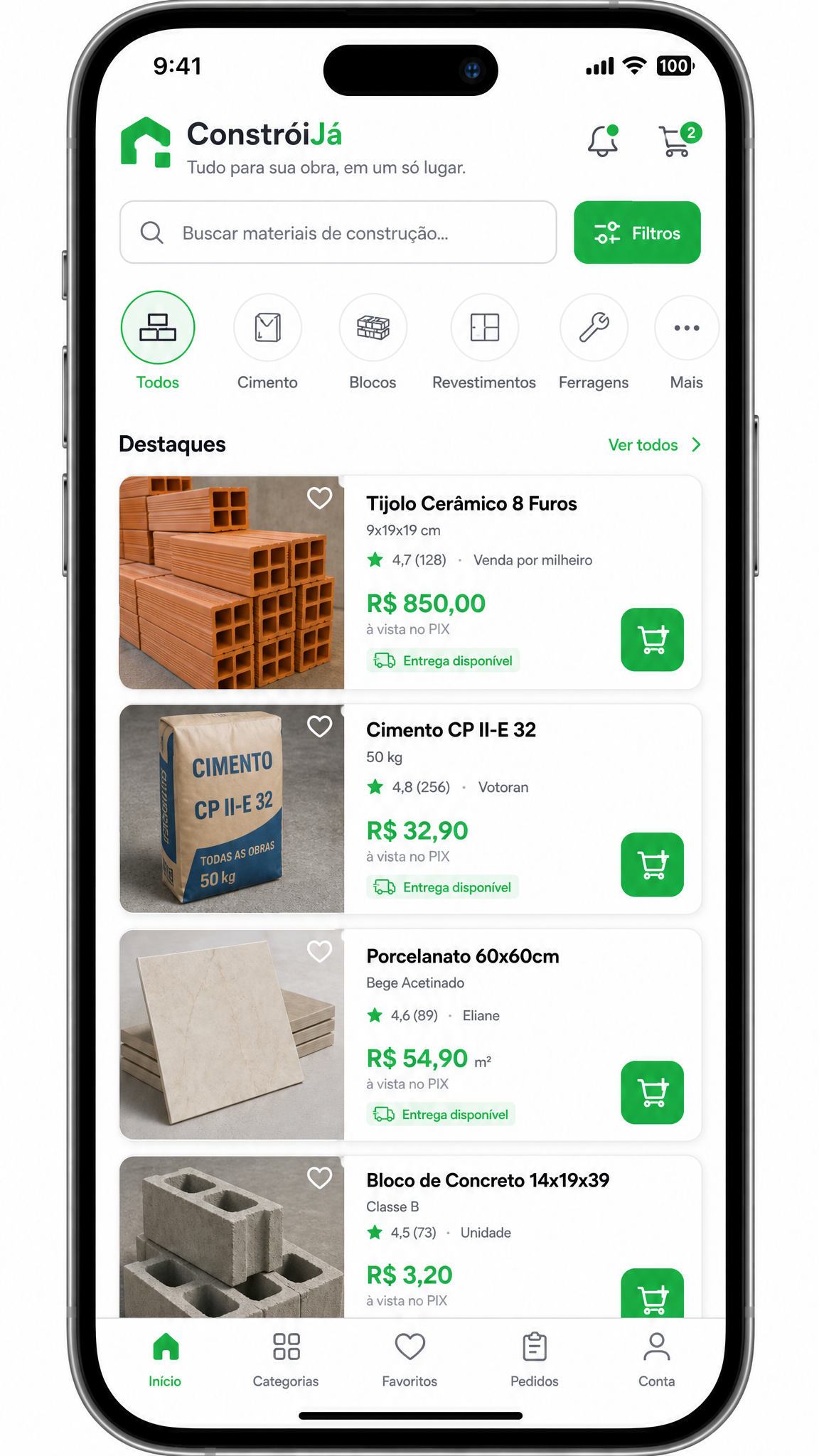Tela do app Obra Sem Sobra mostrando listagem de materiais