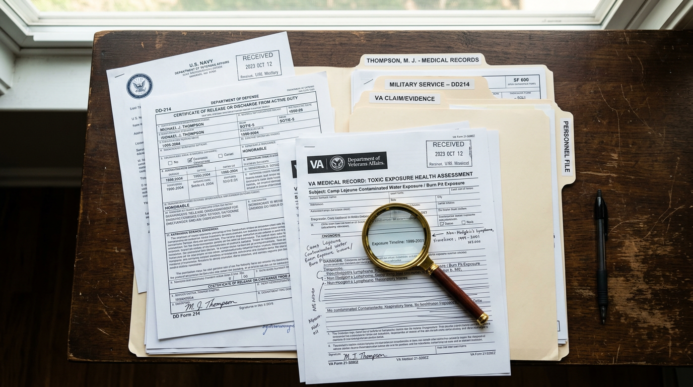 Military service records, a DD-214 discharge form, medical documents and a magnifying glass laid out on a desk