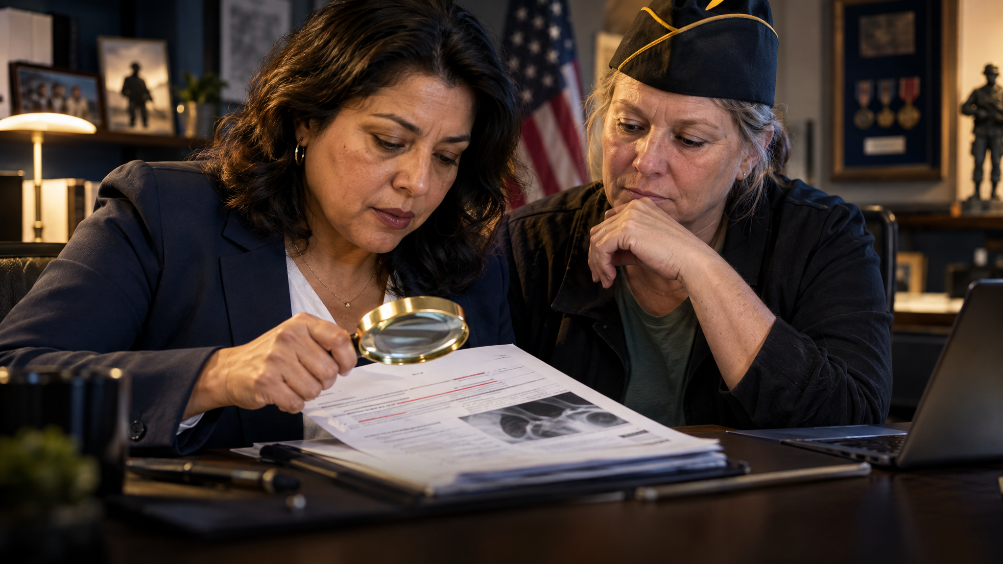 An advocate auditing a C&P exam report with a magnifying glass and red pen while the veteran watches