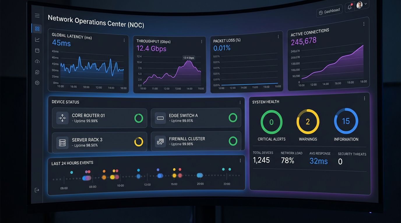 Tekora NMS real-time monitoring dashboard showing network metrics, device statuses, and performance graphs