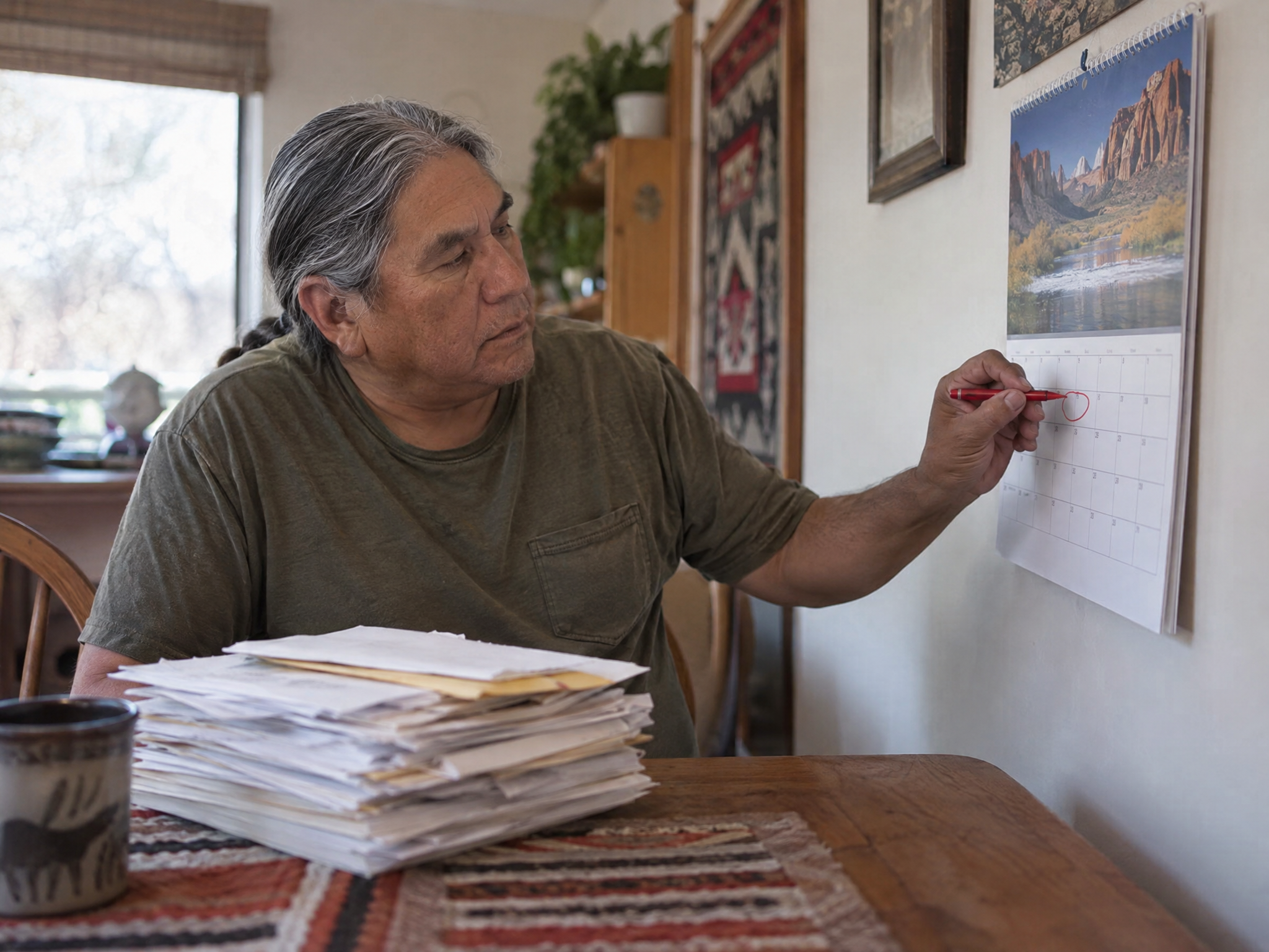 Veteran circling his effective date on a wall calendar beside his paperwork