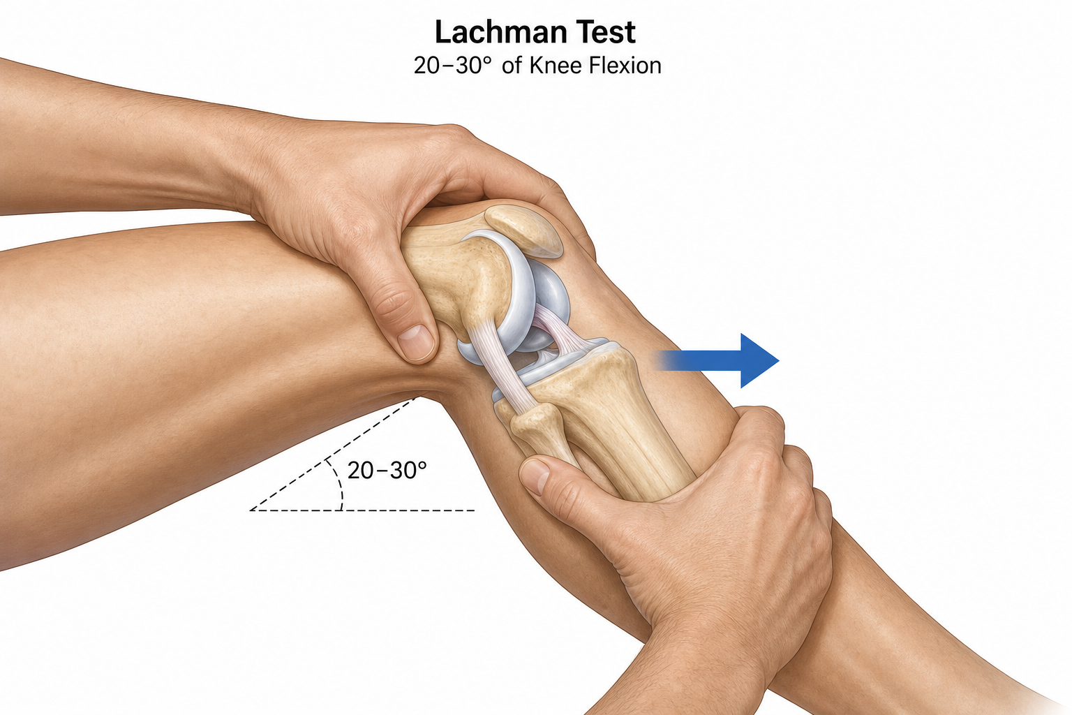 Clinical illustration of the Lachman test on a flexed knee, with the examiner’s hands positioned and the direction of anterior force marked with an arrow