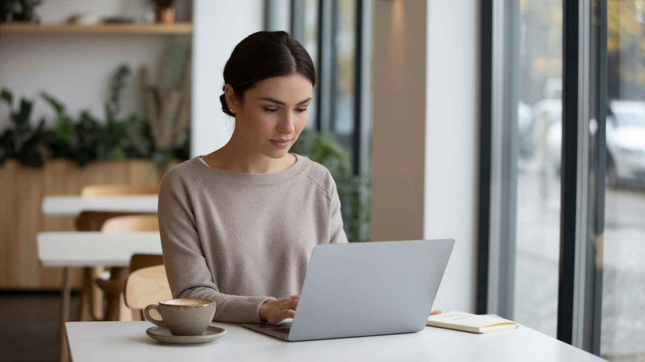 Entrepreneur working independently at a modern café, representing the freedom of building your own business