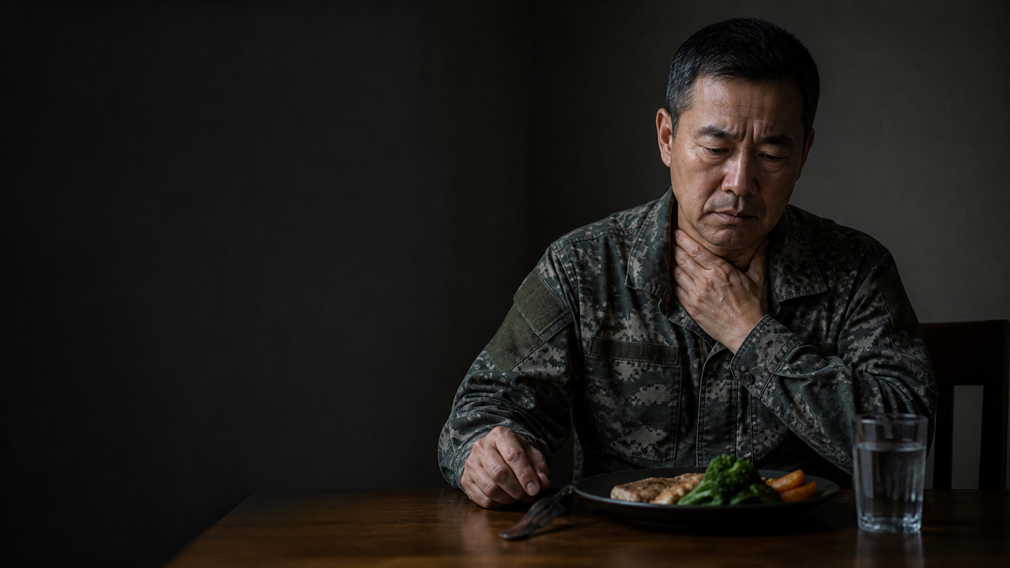 An East Asian male veteran in his 50s at a dining table setting down his fork with one hand at the base of his throat, unable to swallow