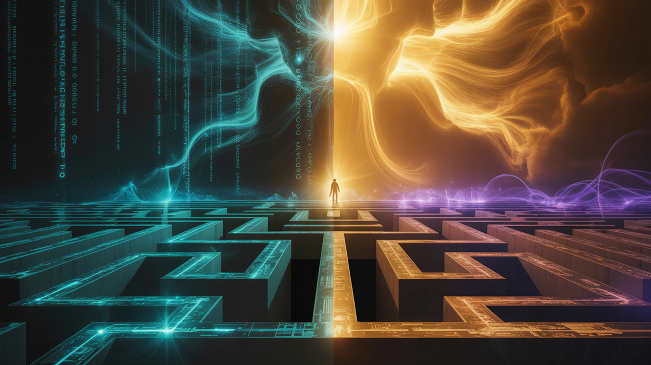 Gnostički prag između matrice i Pleroma svetlosti. Čovek stoji između digitalnog lavirinta i duhovne svetlosti što simbolizuje balans između AI za lični razvoj i unutrašnje svesti