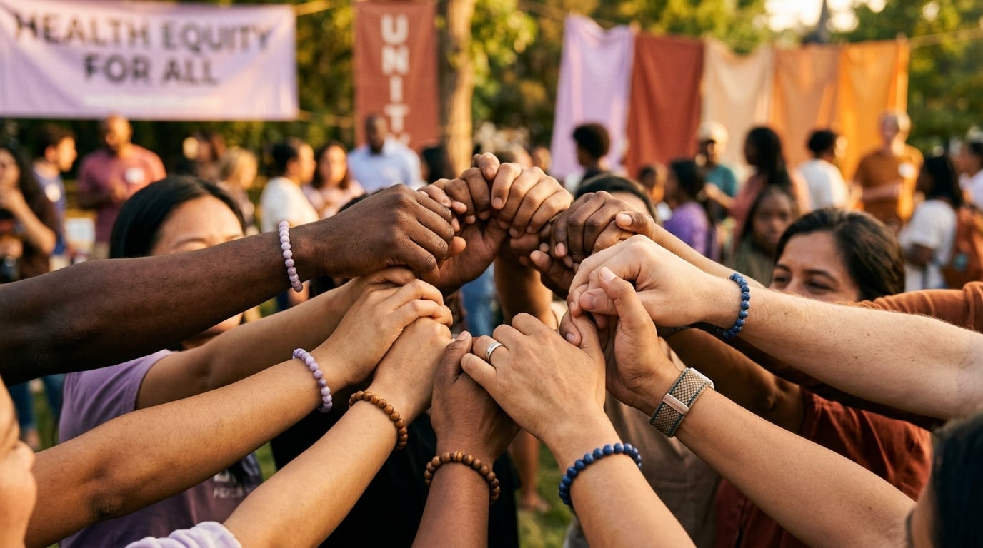 Diverse community hands united together symbolizing collective action for health equity