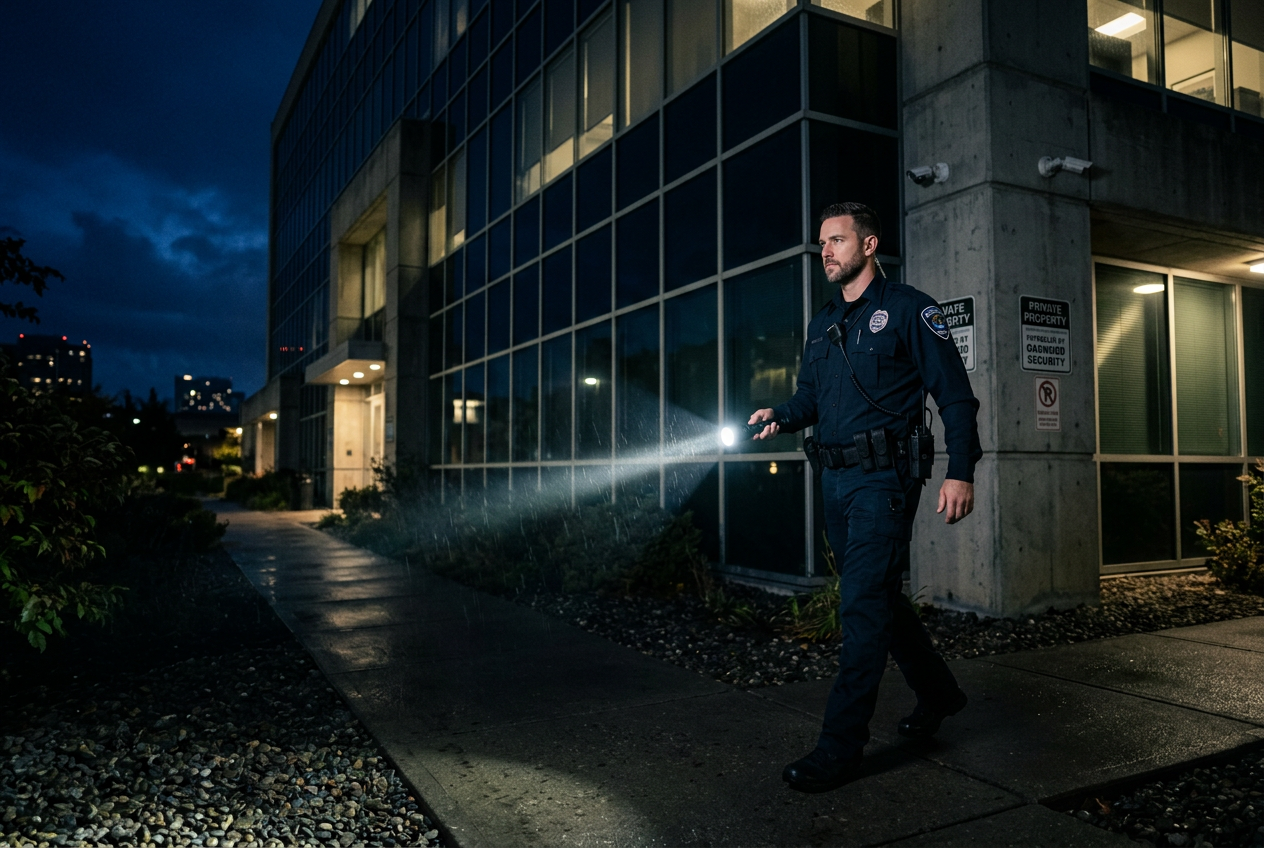 Fire watch guard with flashlight patrolling dark commercial building exterior at night for emergency overnight fire watch