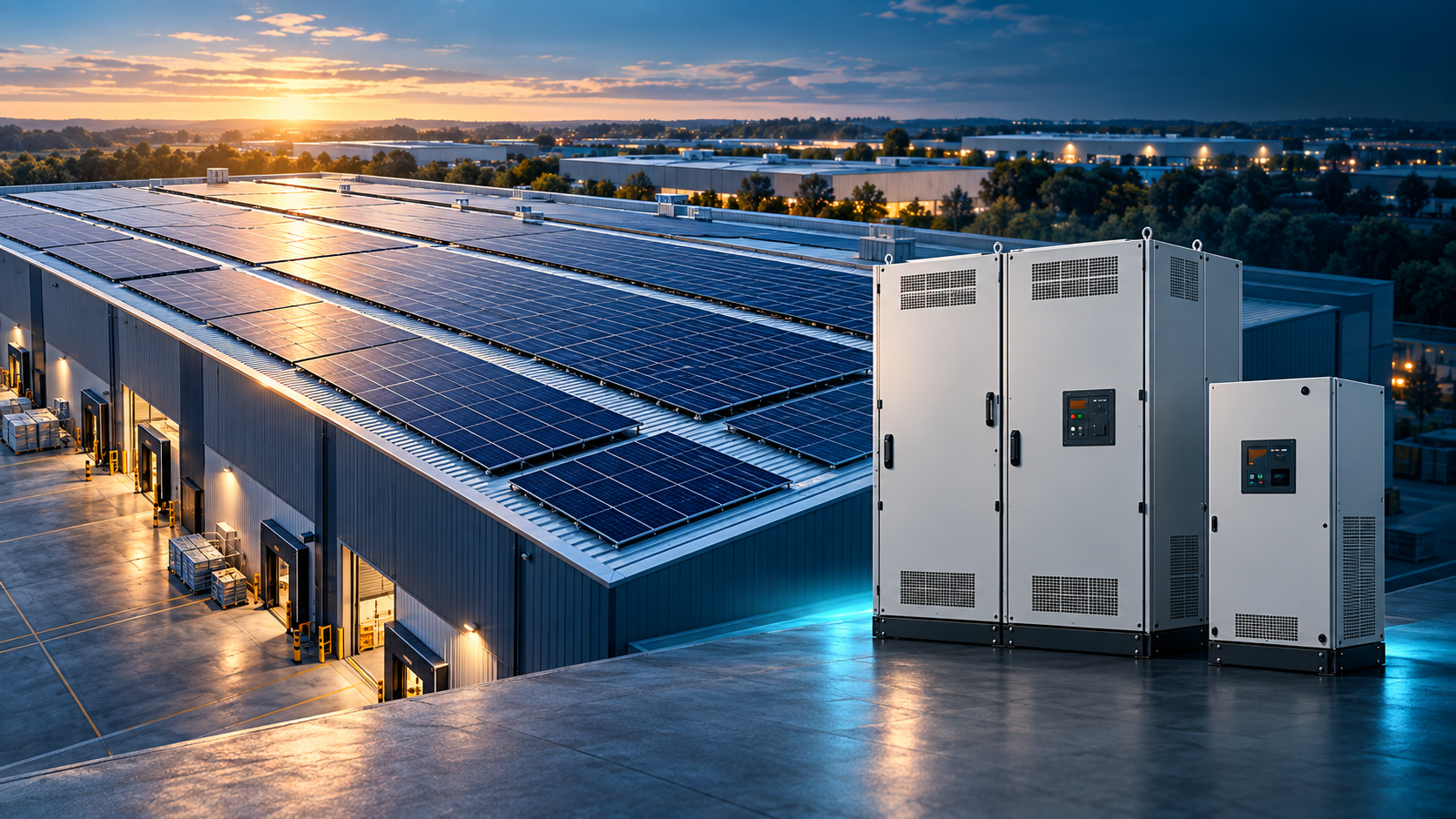 Solar panels on a commercial roof with a battery storage installation