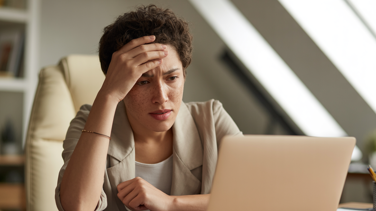A young queer person of color at their desk, hand on forehead, showing the exhaustion and overwhelm of chronic minority stress