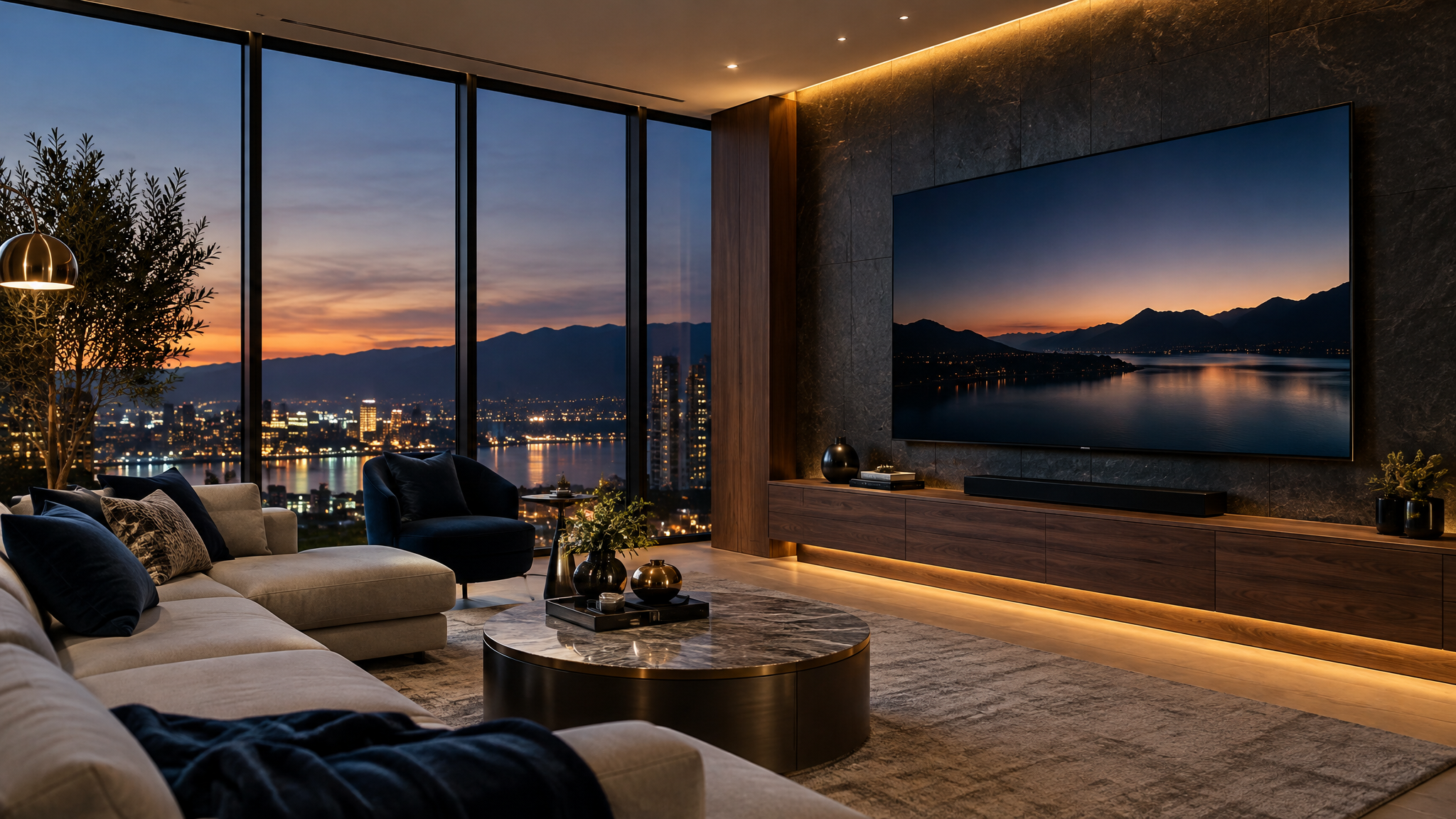 Modern living room with a professionally wall-mounted large-screen TV and ambient lighting