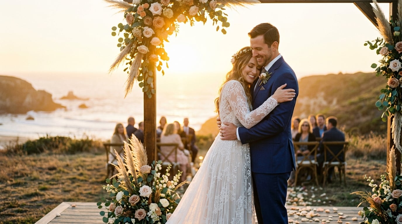 Bride and groom at sunset ceremony
