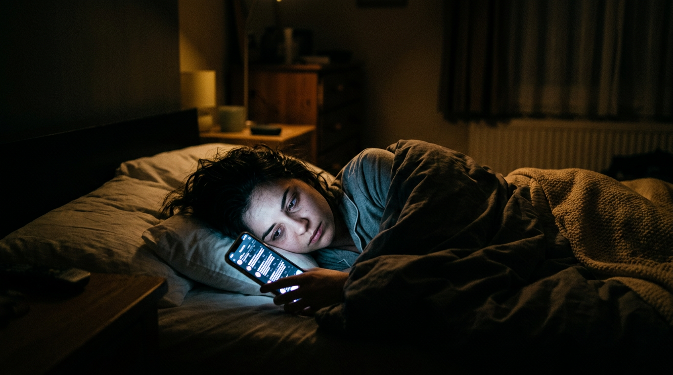Smartphone emitindo luz azul em quarto escuro antes de dormir