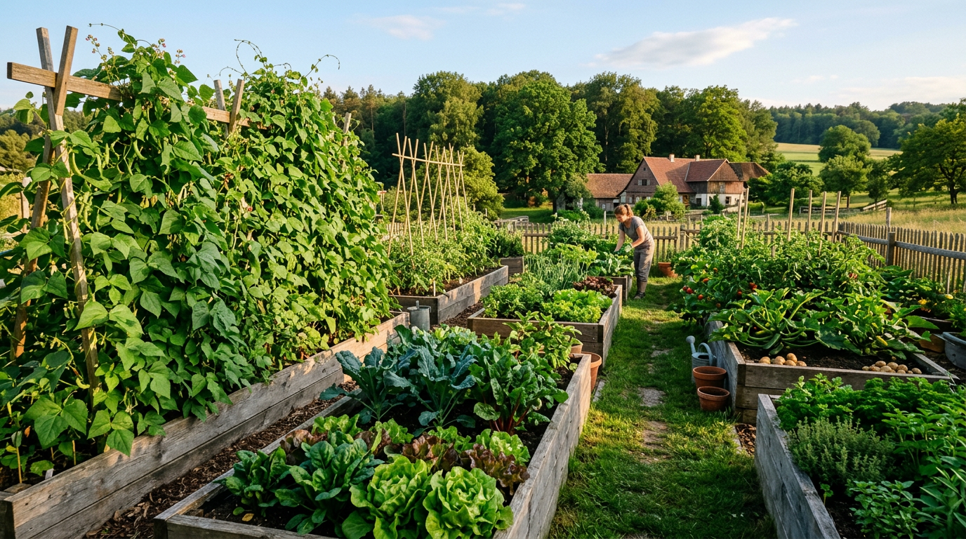 June garden — a summer scene in a temperate Central European vegetable garden