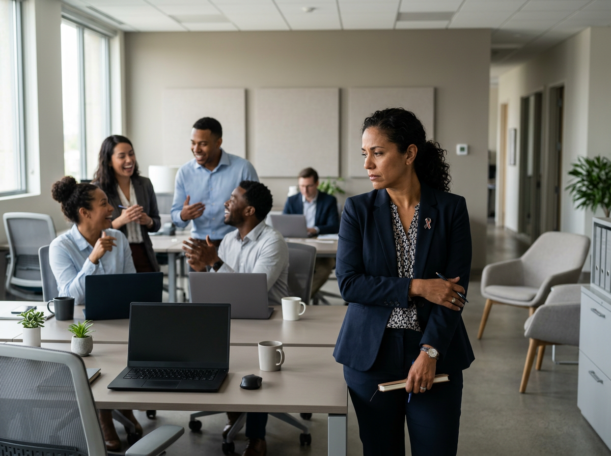 A woman standing apart from coworkers in an office, unable to follow their conversation