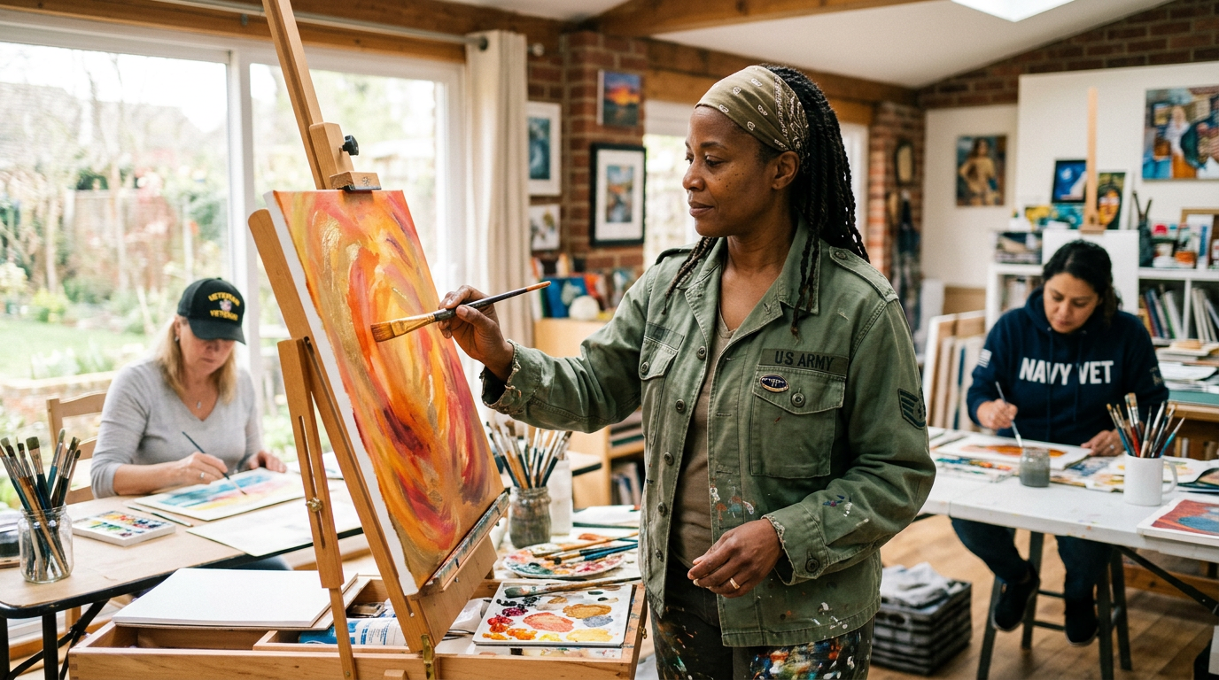 Woman veteran painting in art therapy studio