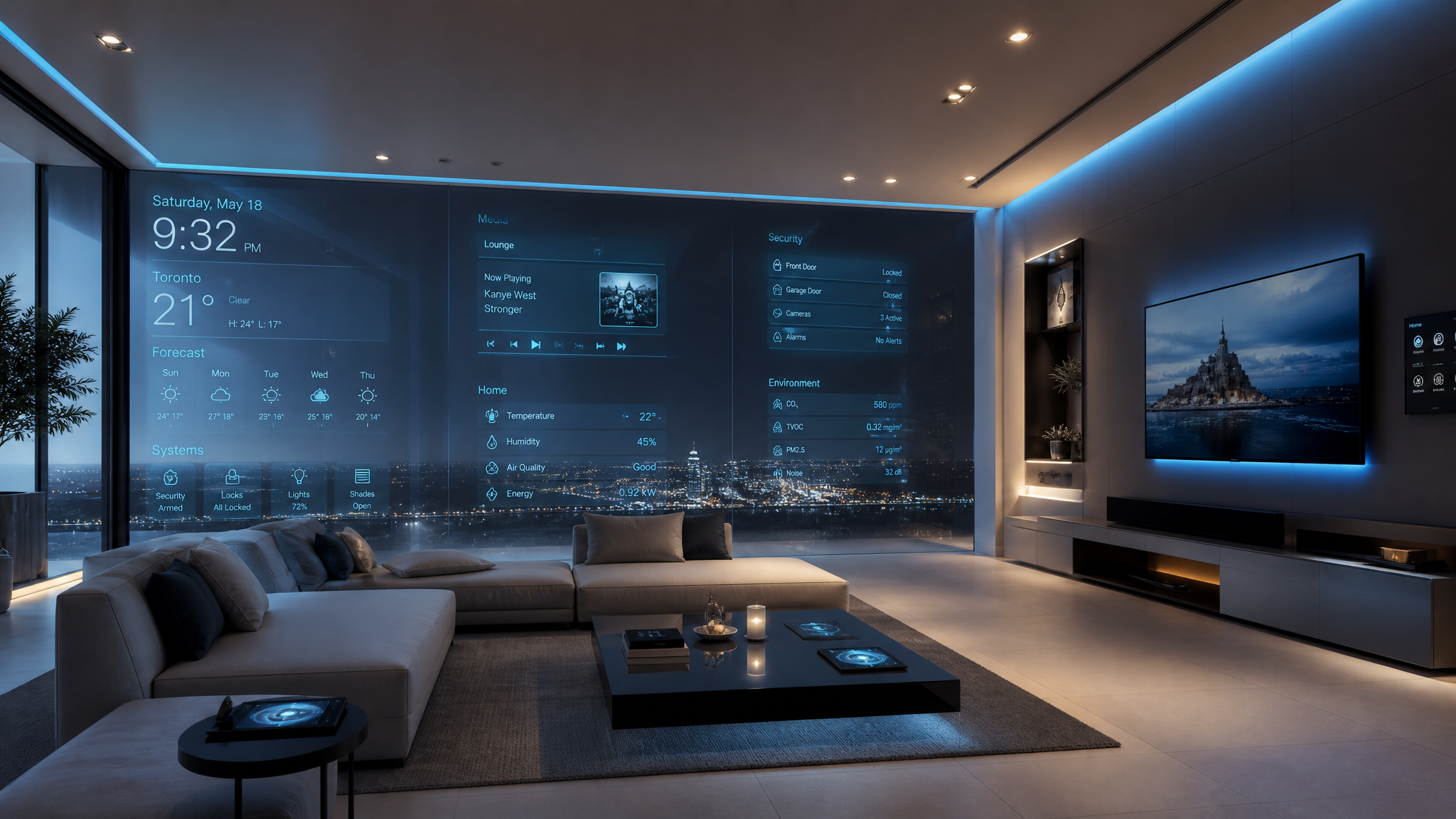 Futuristic smart home with transparent display panels showing ambient information
