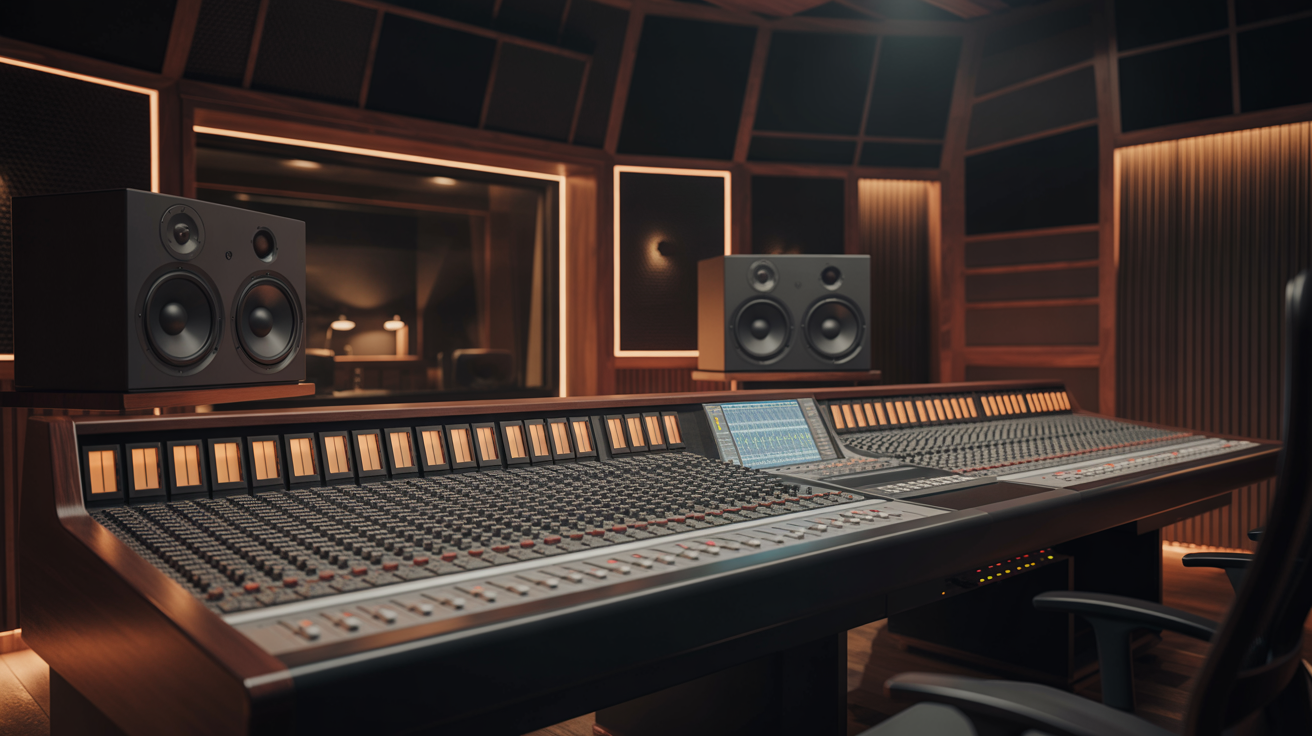 Professional recording studio with mixing console and ambient lighting