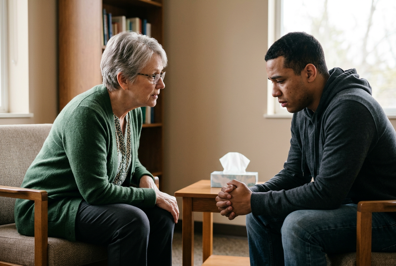 An empathetic older clinician leaning forward having a compassionate safety conversation with a distressed young veteran