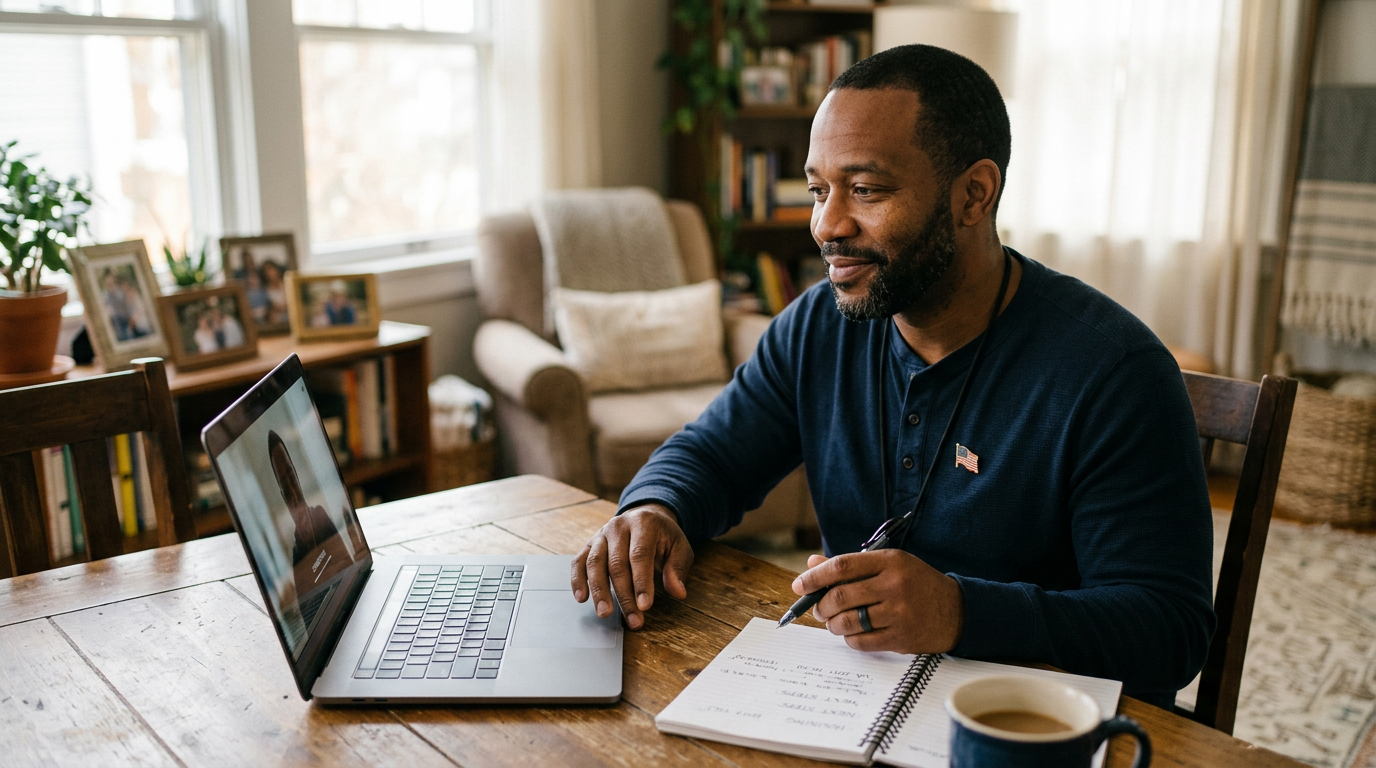 An accredited VA claims agent reviewing SMC paperwork with a veteran