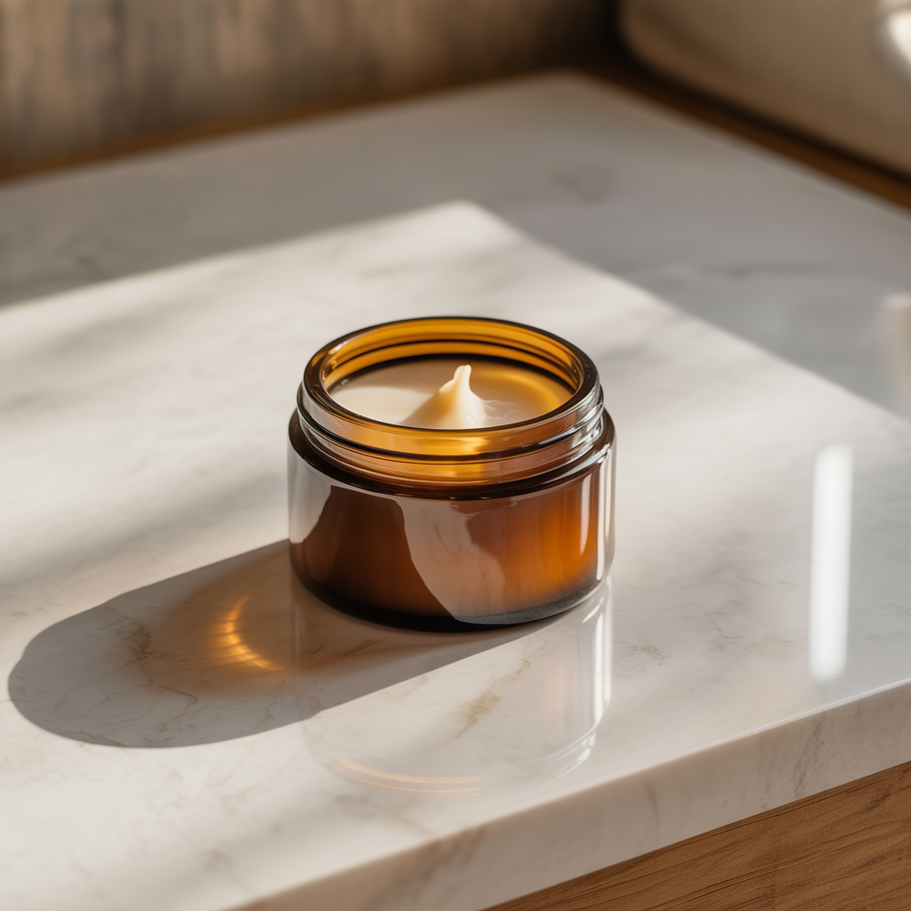 NECTR amber glass jar on marble surface