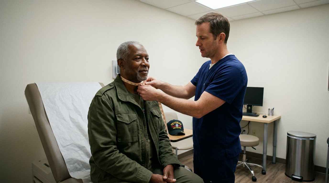 A clinician holding a clipboard with a questionnaire while a female veteran patient in a green jacket reviews and answers the sleepiness assessment