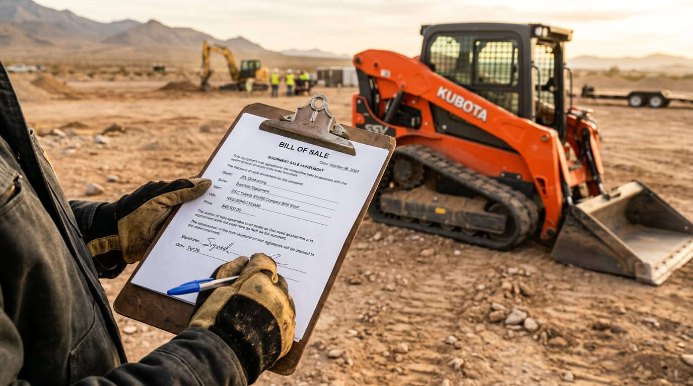 Signed bill of sale on a clipboard beside a used skid steer loader
