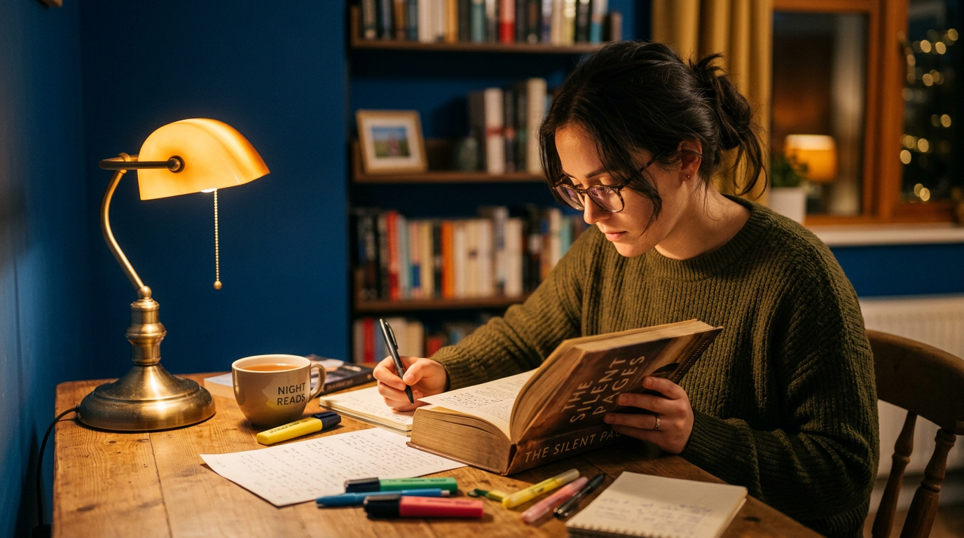 Pessoa imersa em leitura profunda com anotações representando aprendizado deliberado