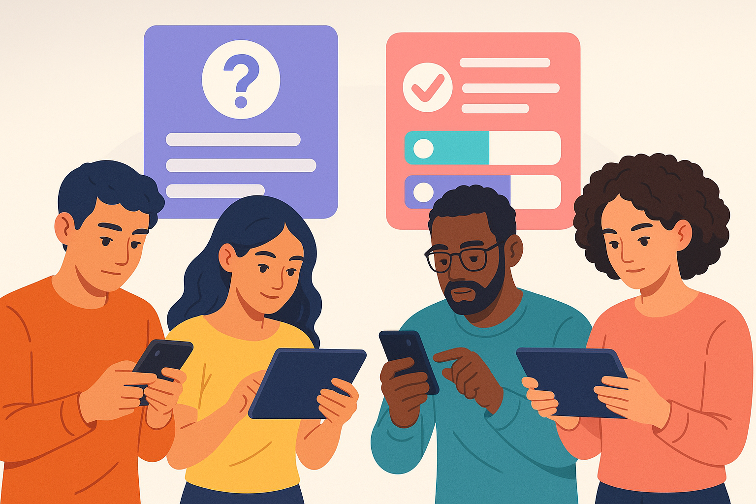 Conteúdo interativo, quizzes, enquetes, pessoas usando tablets e smartphones