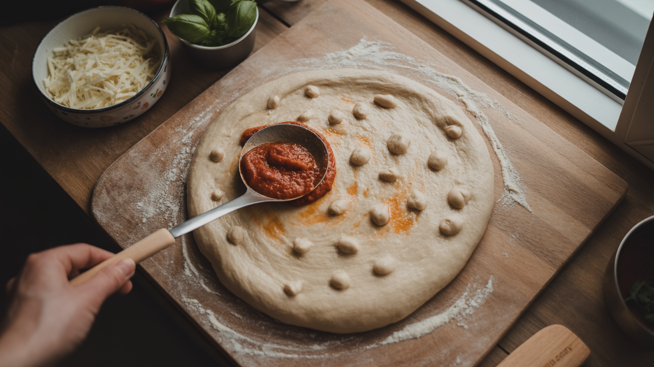Hand-stretched sourdough pizza dough on flour-dusted wooden peel with tomato sauce and fresh basil