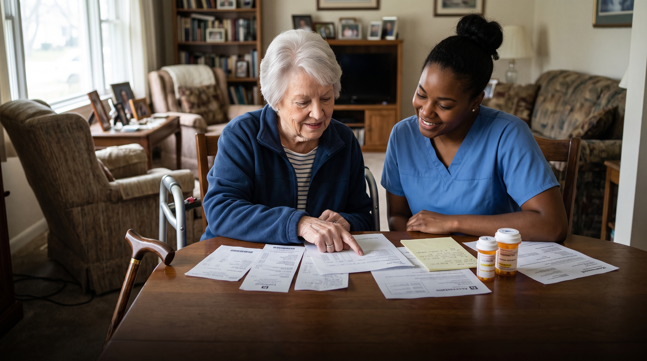 Older veteran reviewing medical receipts with a home-health aide, mobility aid nearby