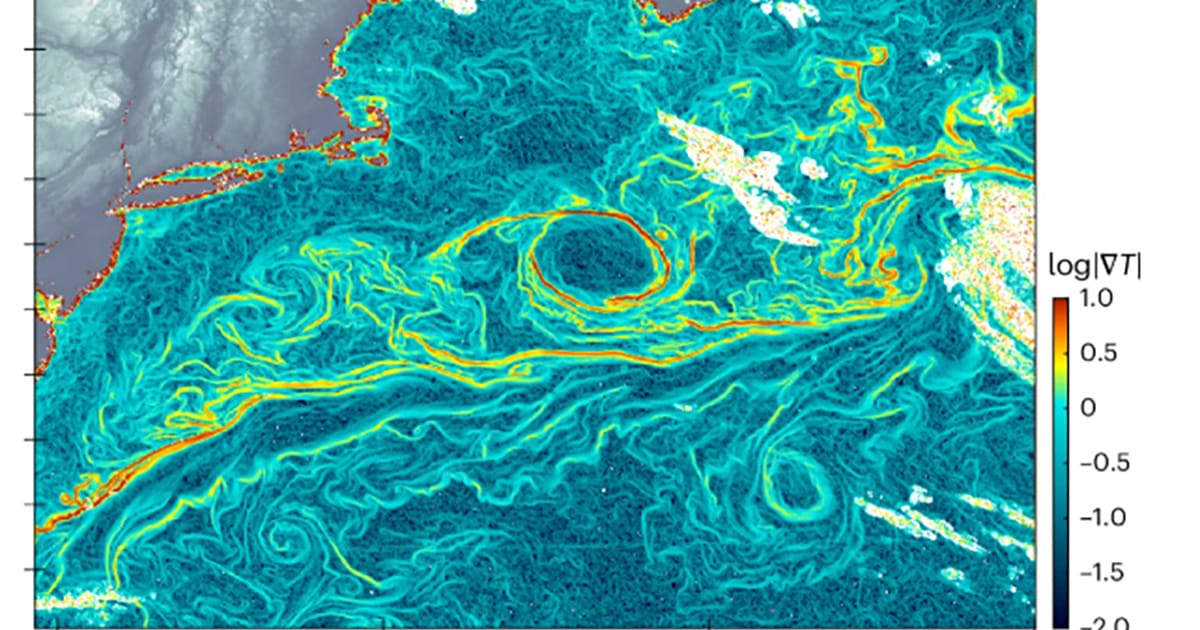 Oceanographic data visualization showing temperature gradients and current patterns